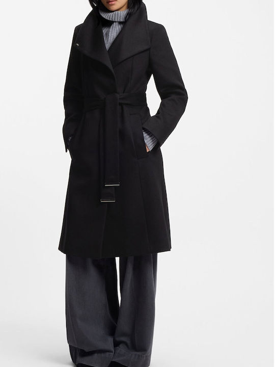 Boss Wool Women's Black Coat with Belt