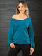 Women's Blouse Long Sleeve with V Neckline Petrol Blue