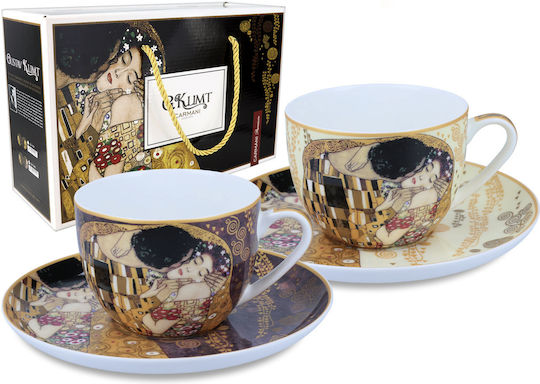 Set 2 Tassen Untertassen G Klimt Kuss Creme Braun Hintergrund Carmani