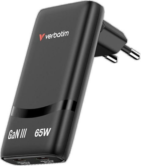 Verbatim Φορτιστής Χωρίς Καλώδιο GaN με 2 Θύρες USB-C 65W Power Delivery Μαύρος (Fold 'n' Go)