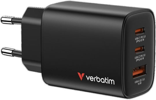 Verbatim Φορτιστής Χωρίς Καλώδιο GaN με Θύρα USB-A και 2 Θύρες USB-C 65W Power Delivery / Quick Charge 3.0 Μαύρος (Essentials)
