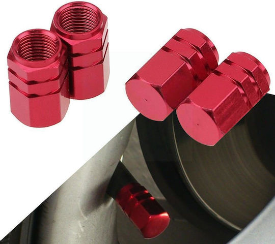 Set Red Hexagon Valve Caps 4 Pcs