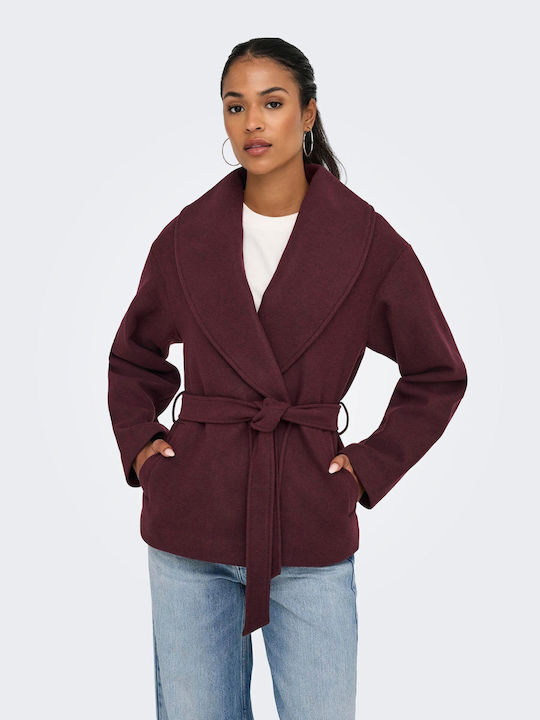 Only Women's Half Coat Burgundy with Belt
