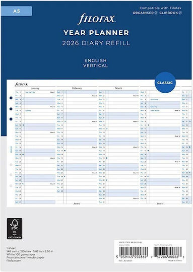 Ετησιο Πλανο Καθετο Filofax 2026 A5 Αγγλικο Vertical Year Planner English Λευκο 26-68501