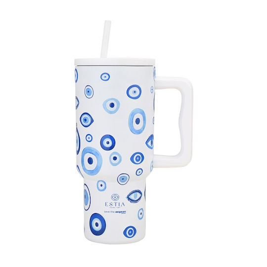 Estia Straw Tumbler XL Save the Aegean Ανακυκλώσιμο Handled Tumbler Θερμός Ανοξείδωτο BPA Free 900ml Spirit Of Luck με Καλαμάκι και Λαβή