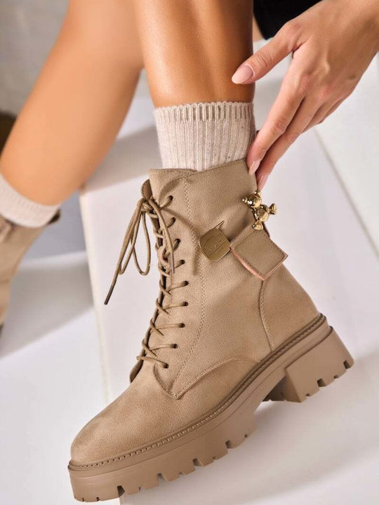 Ghete Dama Suede cu Platformă Kaki