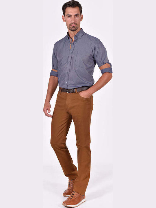 Long-sleeved Cotton Shirt Checked Blue/Camel