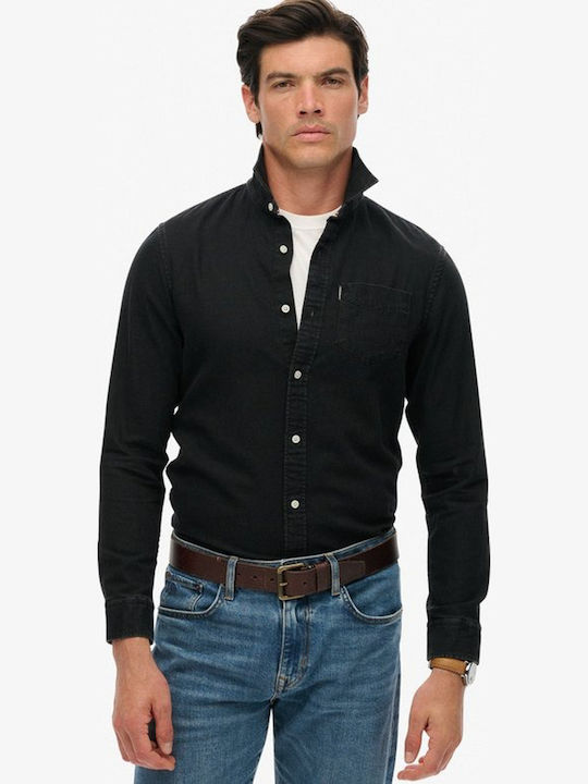 Superdry Μακρυμάνικo Βαμβακερό Πουκάμισο Μαύρο