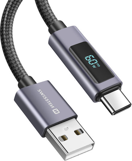 Swissten 3a Зареждане Синхронизация USB Към USB-C 60W Кабел 1.5м LED Екран Черен