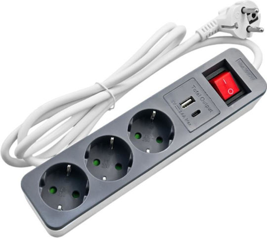 Lamtech Πολύπριζο 3 Θέσεων με 1 USB-A, USB-C, Διακόπτη και Καλώδιο 1.5m