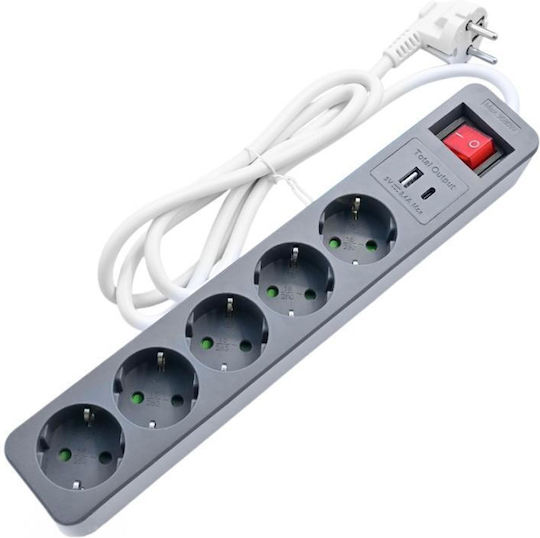 Lamtech Πολύπριζο 5 Θέσεων με 1 USB-A, USB-C, Διακόπτη και Καλώδιο 1.5m