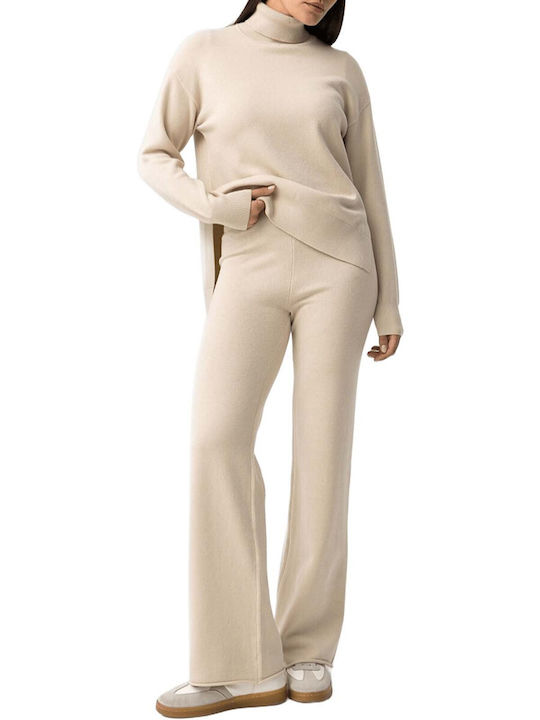 Women's High-waisted Fabric Trousers with Elastic Beige