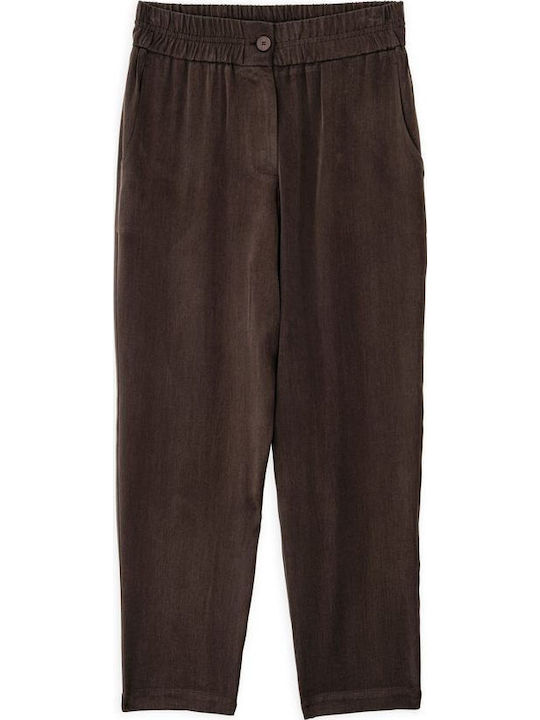 Women's Fabric Capri Trousers with Elastic Straight Line Dark Brown