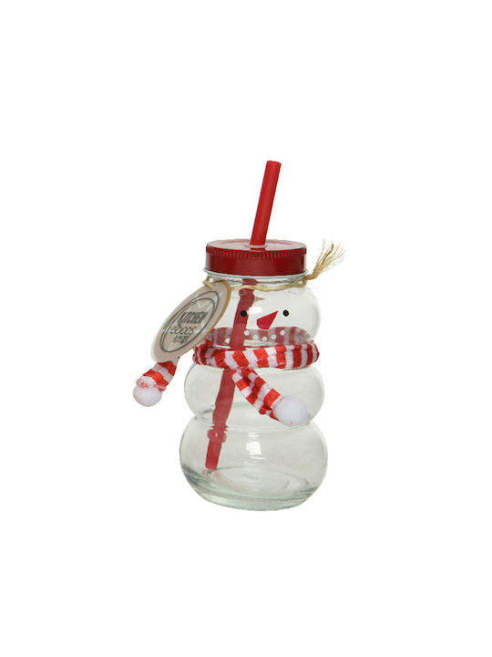 Christmas Glass Snowman Glass with Lid-Straw-Scarf Red-White 7.5x12.5cm 306.001.0818.32