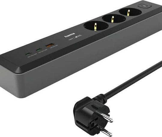 HAMA Power Strip 3 Sockets with USB-A 2 USB-C Switch and Cable 1.4m