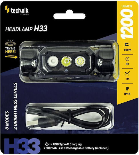 Technik Rechargeable Headlamp LED IP44 with Maximum Brightness 1200lm Red