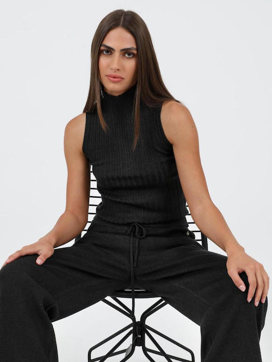 Damen Ärmellos Pullover Rollkragen Black