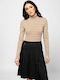 Women's Blouse Cotton Long Sleeve Turtleneck Striped Beige