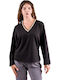 Women's Blouse Long Sleeve with V Neckline Black