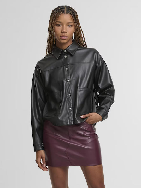 Noisy May Women's Leather Long Sleeve Shirt Black