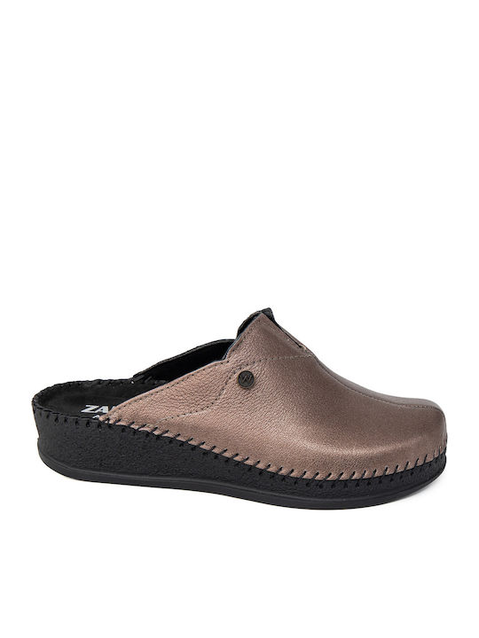 Leather Winter Women's Slippers Brown