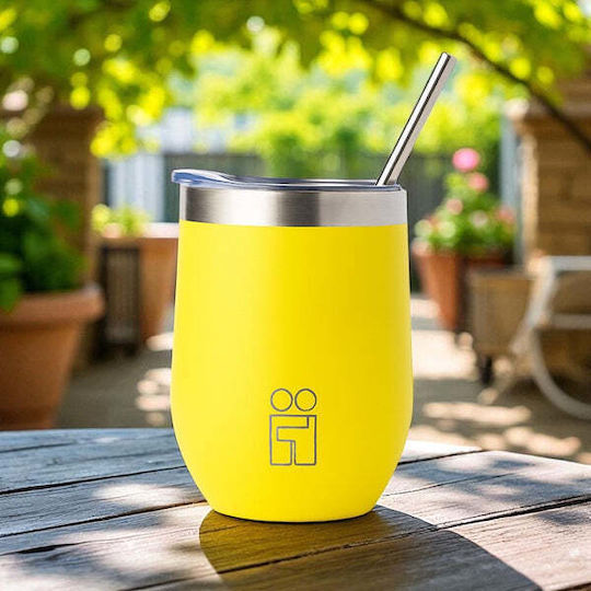 Hugs Stainless Steel Thermos Bottle 350ml Yellow with Straw