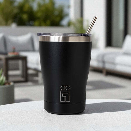 Hugs Pahar Termos Reciclabil Oțel Inoxidabil 350ml Negru Cu Pai