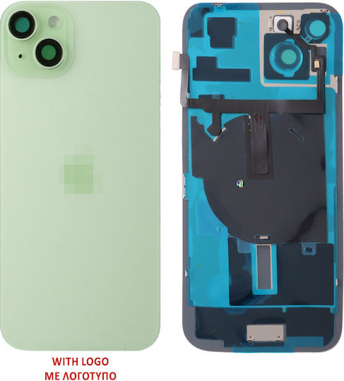 iPhone 15 Plus Battery Cover Green with Camera Lens Metal Plaid Flashlight Charging Flex and NFC