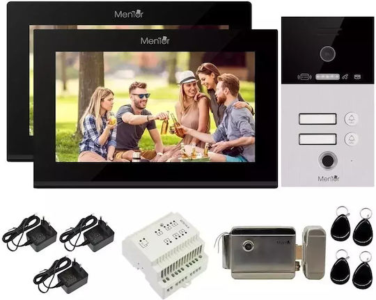 Kit Video Interfon Fără Fir Wifi 2 Familii Mentor Sykt088b 7 Inch Ahd 2mp 24v 2 Fire 5în1 Negru