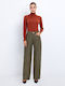 Damen Stoff Hose in Weitem Schnitt Khaki