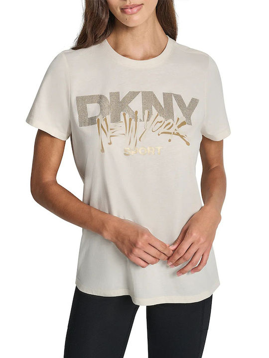 DKNY Logo Bluza Damă Bumbac Mâneci Scurte Ecru