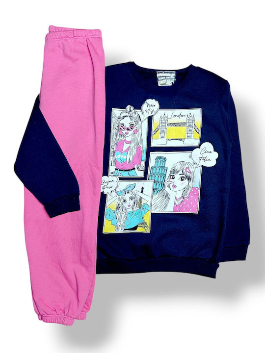 Kids Sweatpants Set Blue With Pink Bubblegum