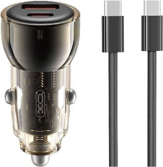 XO Cc60 Handy-Autoladegerät 60W Schnellladen mit Anschlüssen: 1xUSB-A 1xType-C inklusive Kabeltyp Type-C Schwarz