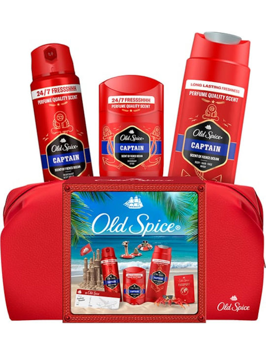 Capten Комплект за Грижа за Почистване на Тялото Old Spice Подаръчен Комплект Пътна Чанта за Мъже с Дезодорант Стик и Душ Гел Captain 24-часова Свежест за Ежедневна Употреба Аромат с Качествена Миризма Която Трайва 4 бр