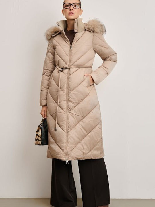 Women's Long Lifestyle Jacket for Winter with Hood Beige