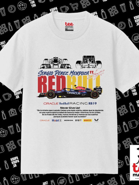 Sergio Perez F1 Red Bull Racing Classic T-shirt Double Stitching Without Side Seams White 100% Cotton Vegan & Oeko-tex Certified