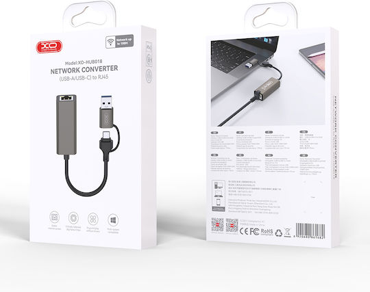 XO Type-c Converter USB-A / USB-C male to Ethernet female Gray 1pcs