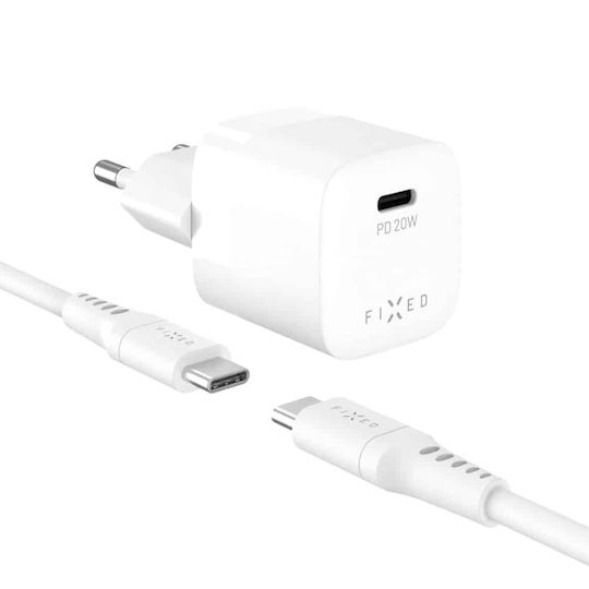 Fixed Ladegerät mit USB-C Anschluss und Kabel USB-C - USB-C 20W Stromlieferung Weißs (Mini)