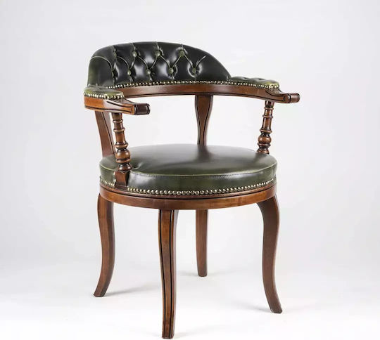 Classic Leather Office Armchair Green Wooden Frame