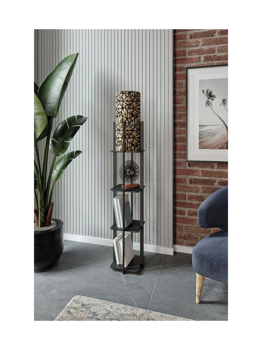 Rustikale Industrielle Stehlampe Holzregale – Schwarzes Metall & Warmes Licht 25x25x135cm Rustikale Industrielle Stehlampe Holzregale – Schwarzes Metall & Warmes Licht 25x25x135cm