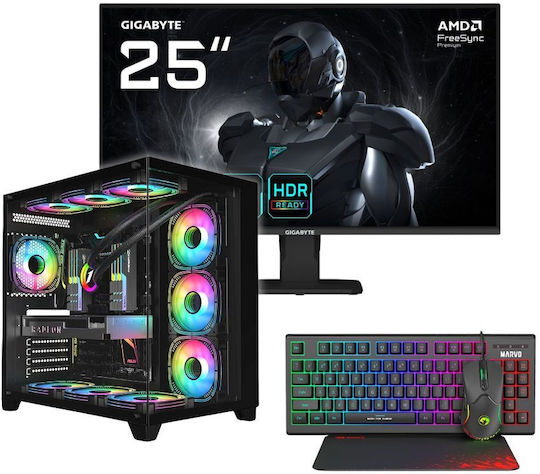 Vengeance Nitro-X55 Настолен Компютър (Ryzen 5-5500/32GB DDR4/1.0TB SSD/GeForce RTX 3050/Без Операционна Система) с Клавиатура (Английски САЩ) и Монитор Gigabyte GS25F2 25" FHD