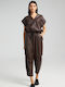 Pants Women's High-waisted Fabric Capri Trousers with Elastic Brown
