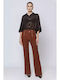 Damen Stoff Hose Schlag Brown