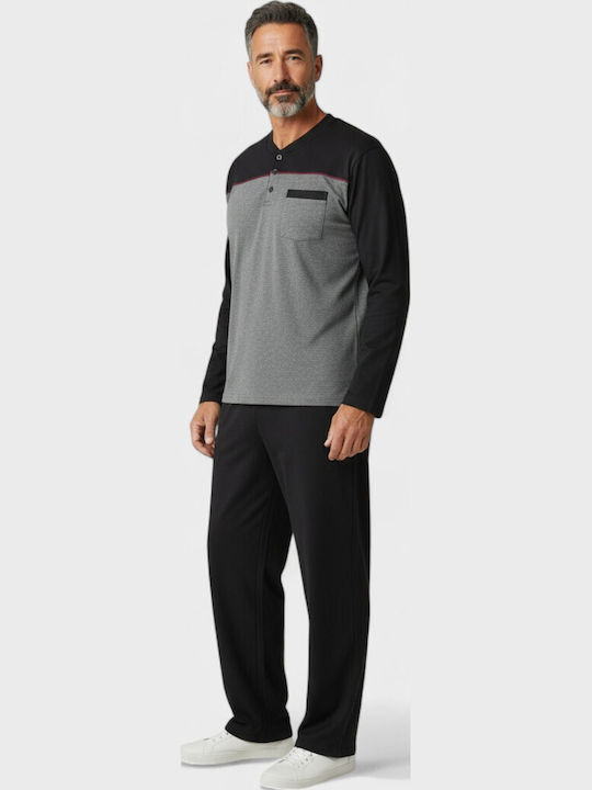 Men's Pyjama Fleece Collection Long Sleeves & Buttons – Gray Black Cl2621-1-Anthracite