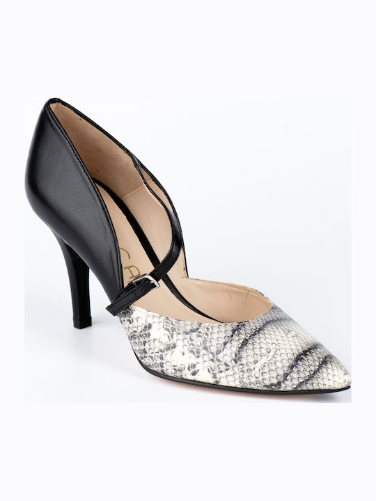 Leather Pointed Toe Stiletto Black High Heels with Strap