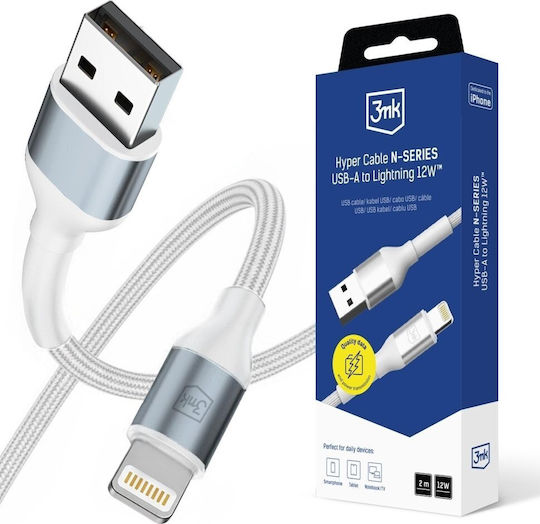 3MK Regular USB-A la Cablu Lightning 12W Alb 2m