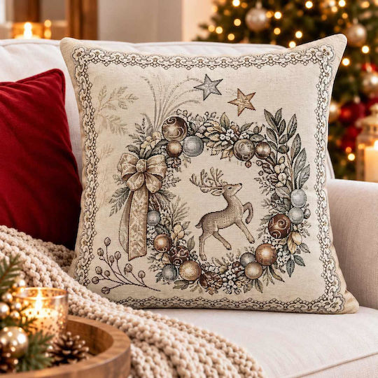 Linea Home Χριστουγεννιάτικη Διακοσμητική Μαξιλαροθήκη Τετράγωνη Μπεζ 45x45εκ.