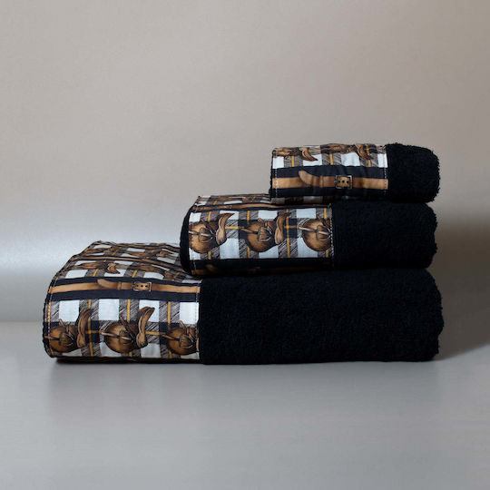 White Fabric Hand Towel Horsie 30x50cm Black Weight 600gsm