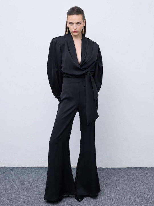 Women's High-waisted Fabric Trousers in Wide Line Black