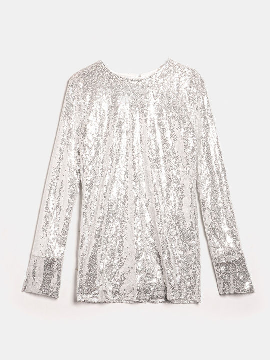 Mini Langärmeliges Kleid mit Pailletten Silber
